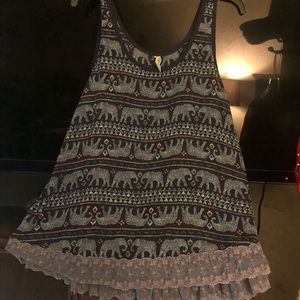 Blue elephant tank top with lace bottom lightweight flowy boho